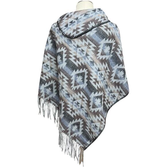 Aztec Print Poncho Fringe Tassel Gray Brown Blue Black OSFM - Picture 3 of 5